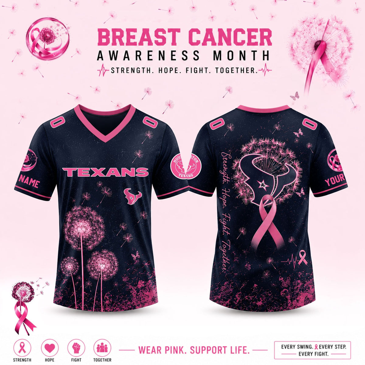 Limited Edition Houston Texans 2026 Breast Cancer Awareness x Dandelion of Hope V-neck Short Sleeve Jersey