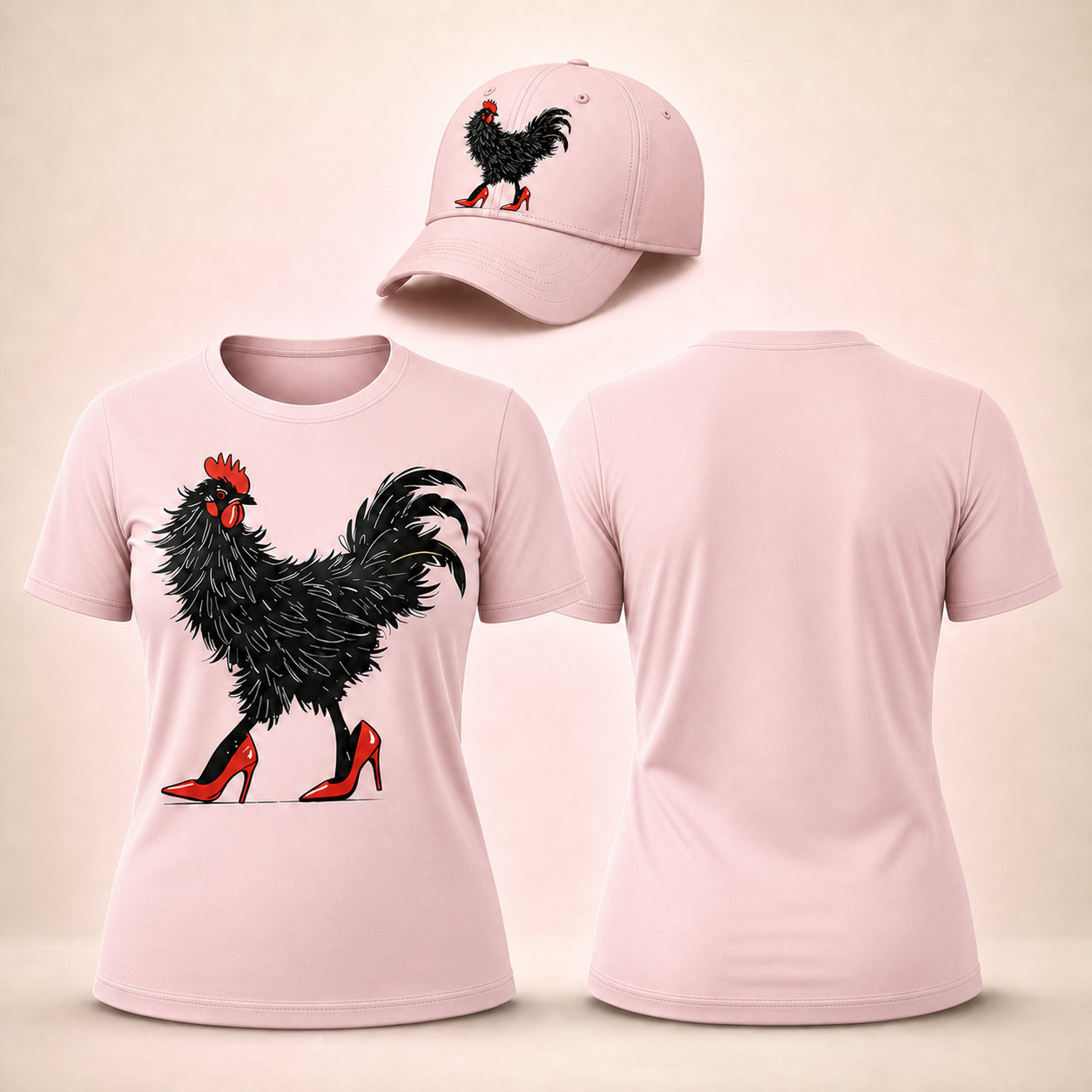 Women's Quirky Red Shoe & Chicken Print TShirt