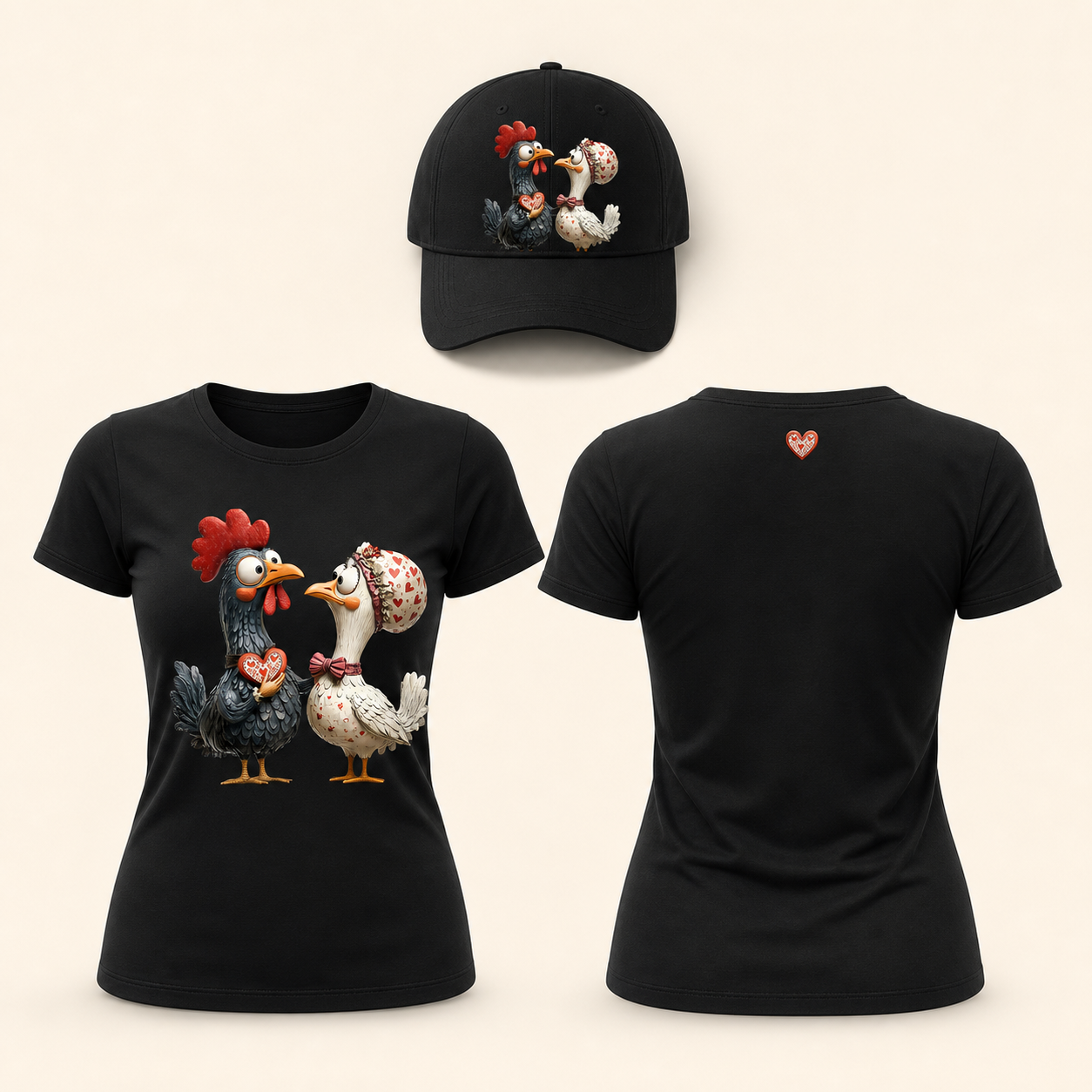 Women’s Romantic Chicken Couple Heart Graphic T-Shirt