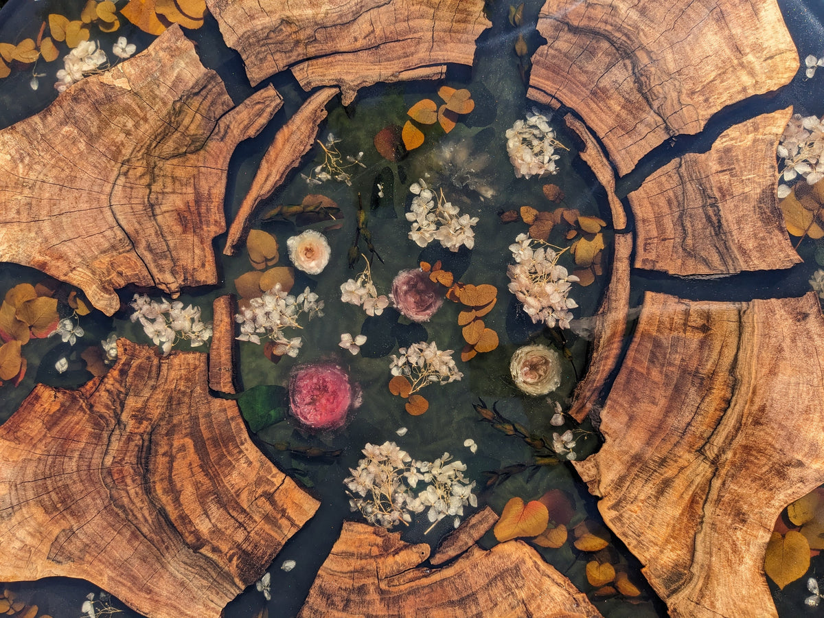 Floral Epoxy Resin Coffee Table: Round Wood & Black Resin
