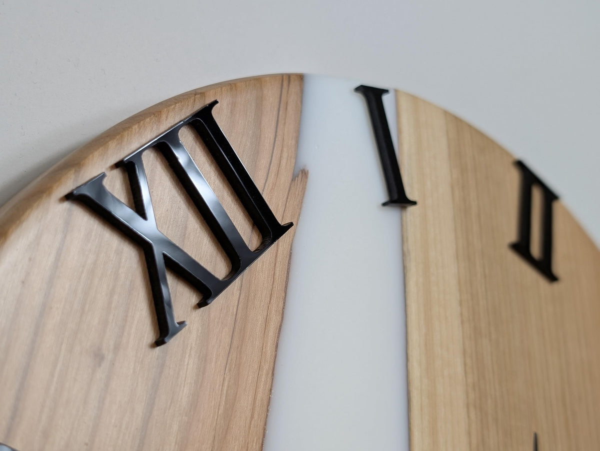 Handmade Wooden & Epoxy Resin Wall Clock – Modern Rustic Decor, Matte Finish, Roman Numerals – Unique Home Gift