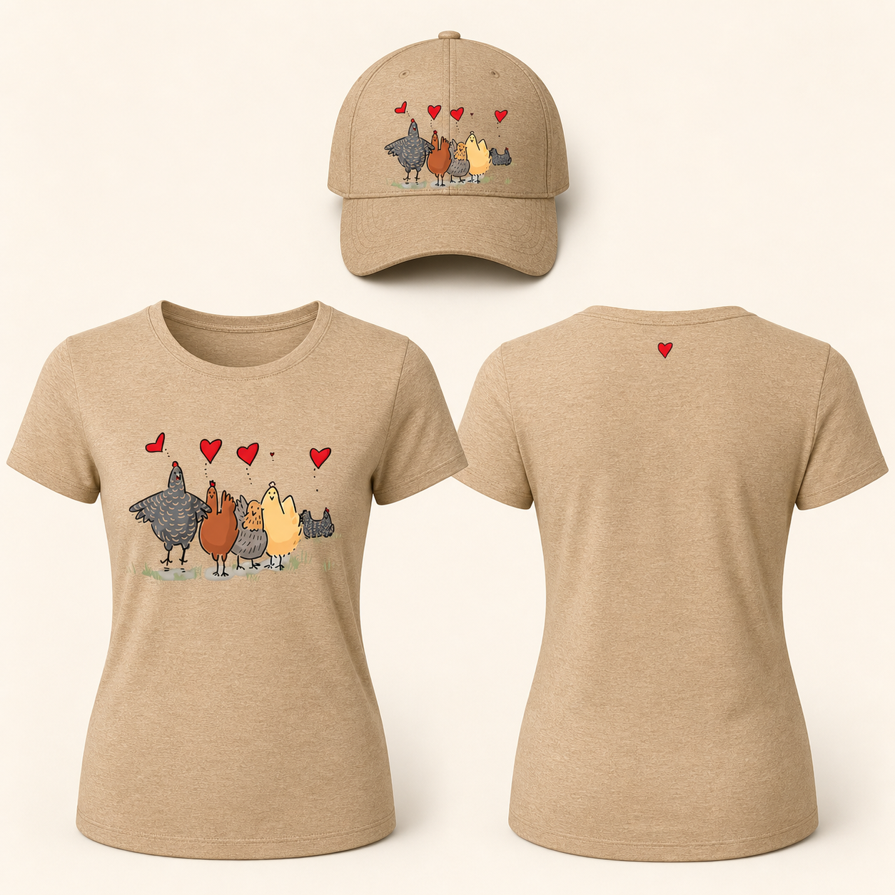 Women’s Chicken Family with Hearts Graphic T-Shirt