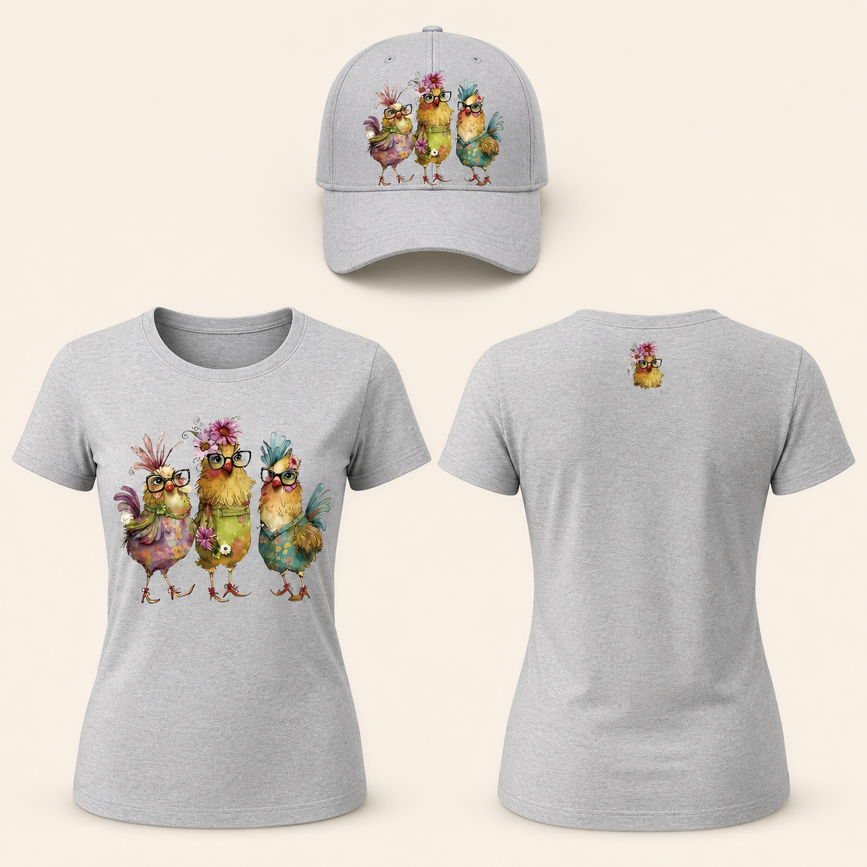 Women’s Colorful Chicken Friends Graphic T-Shirt