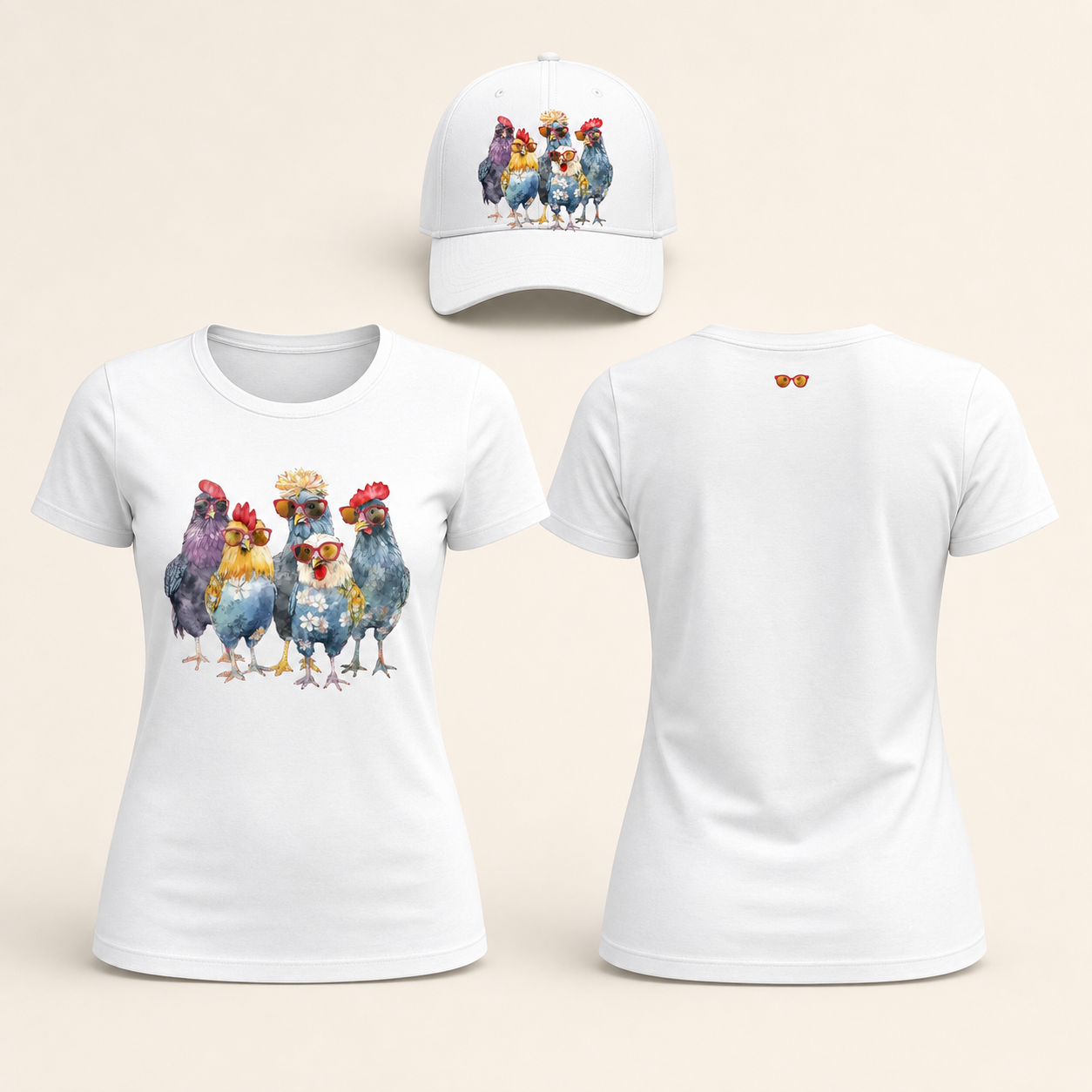 Women’s Colorful Chickens with Sunglasses Graphic T-Shirt