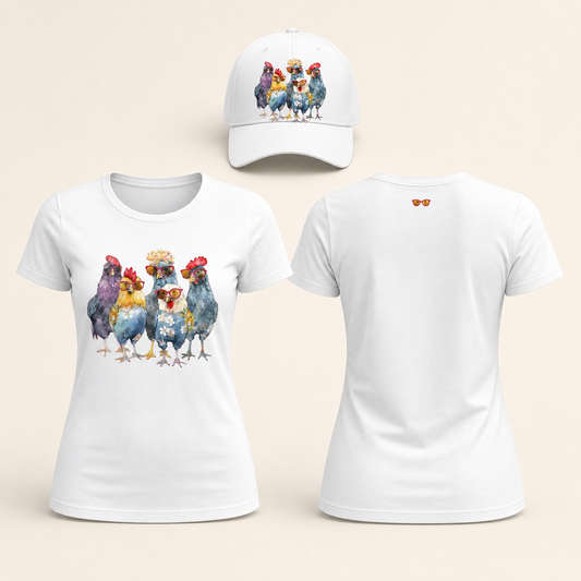 Women’s Colorful Chickens with Sunglasses Graphic T-Shirt
