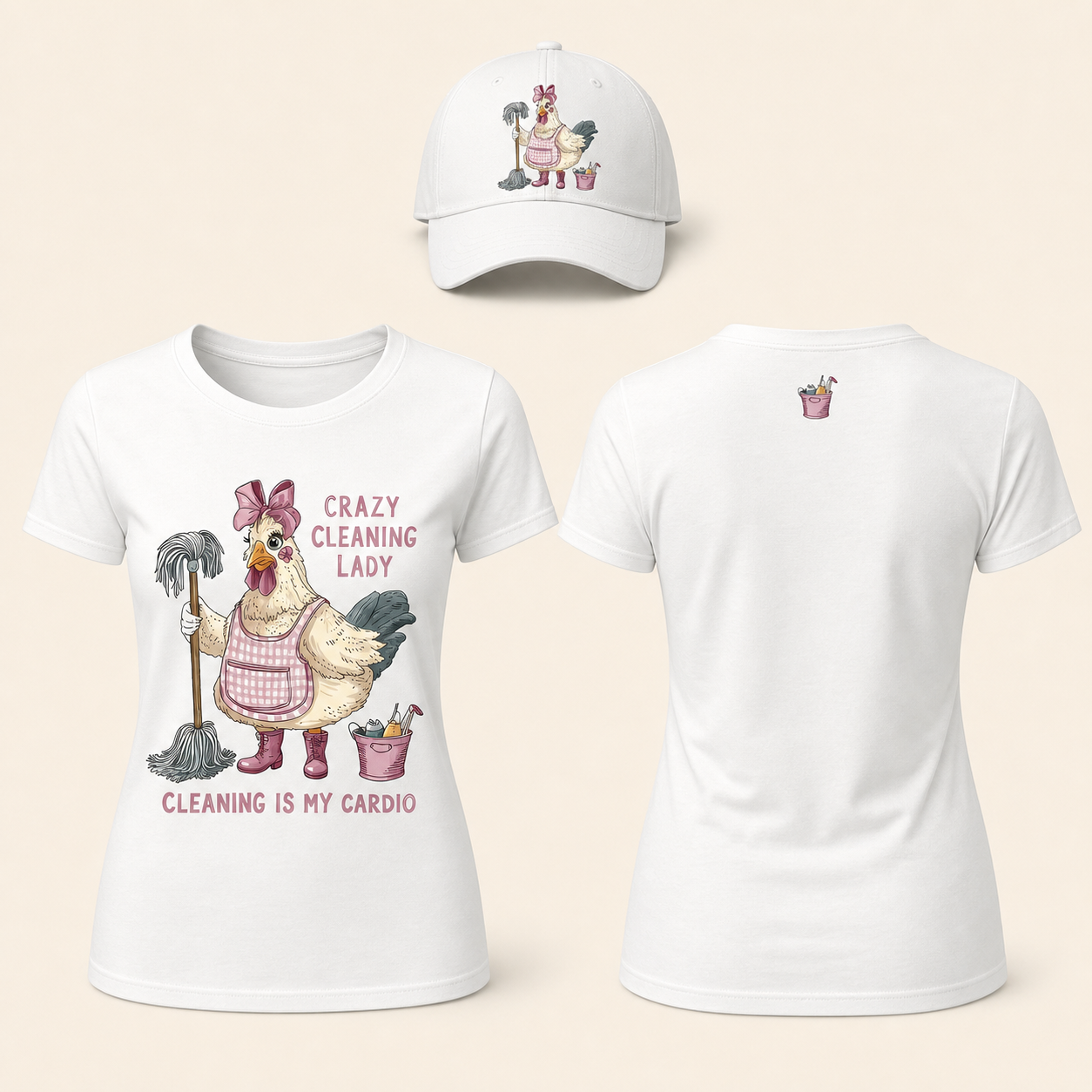Women’s Crazy Cleaning Lady Chicken Graphic T-Shirt