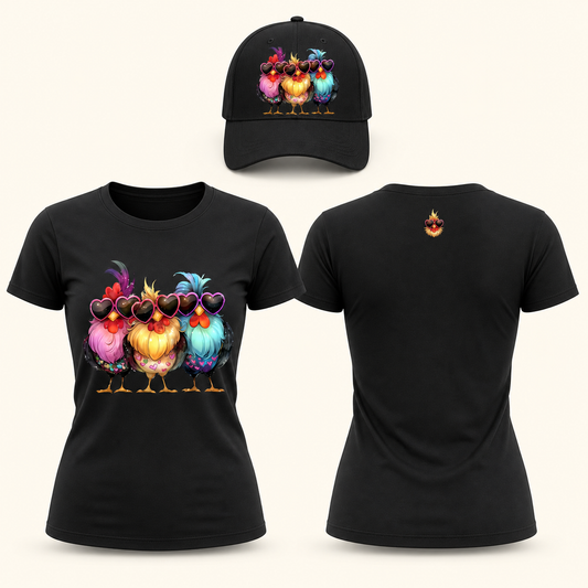 Women’s Funny Heart Sunglasses Chickens Graphic T-Shir