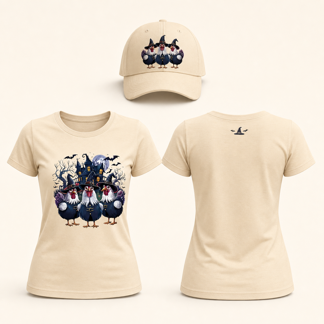 Women’s Halloween Witch Chickens Graphic T-Shirt