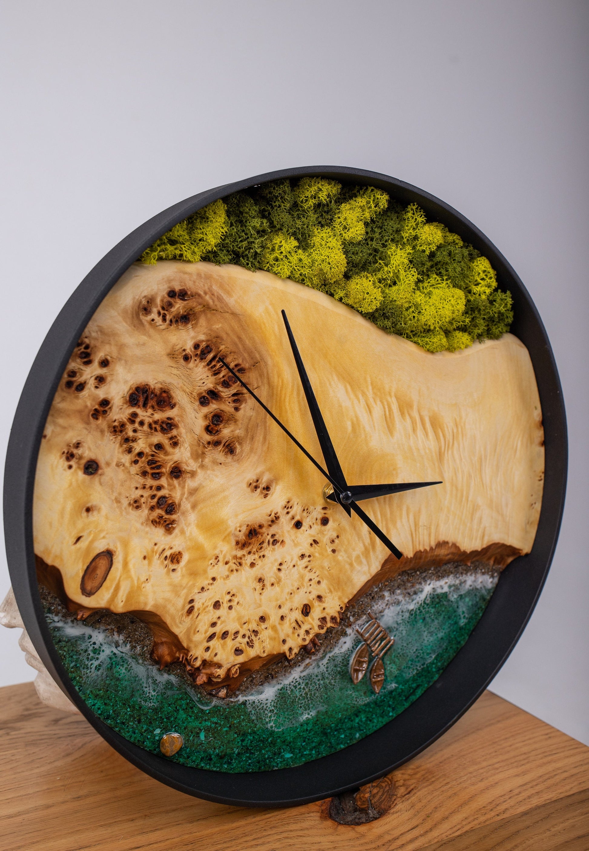 Wooden Wall Clock with Moss, Green Moss Scandinavian Home Decor, Resin Wood Art