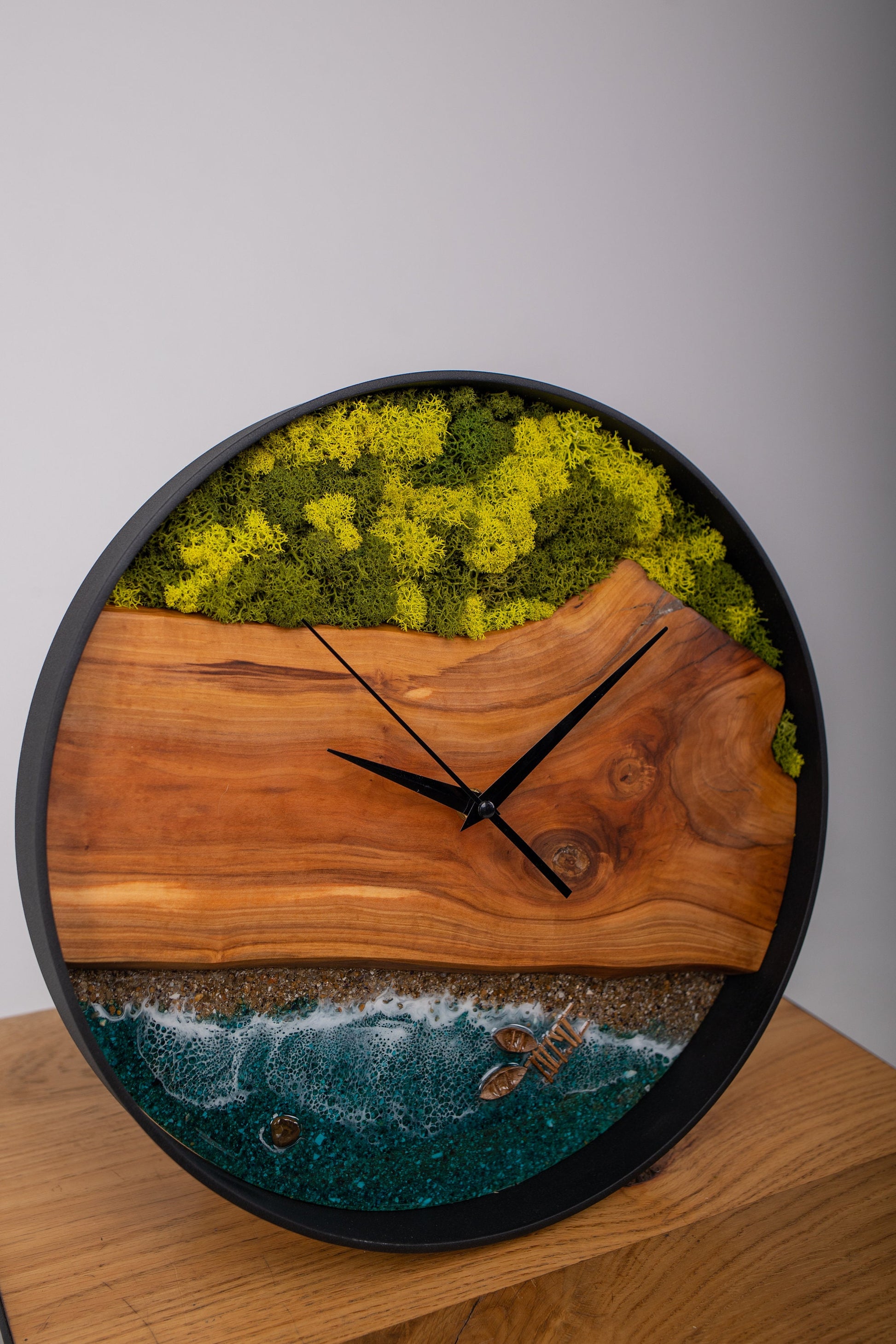 Moss & Epoxy Resin Wooden Wall Clock: Beach Wave Decor