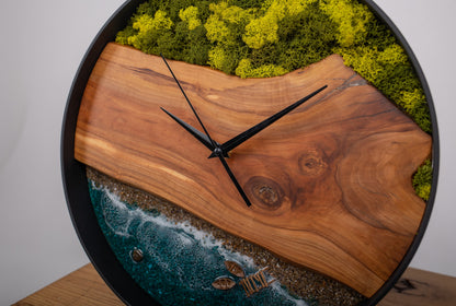 Moss & Epoxy Resin Wooden Wall Clock: Beach Wave Decor
