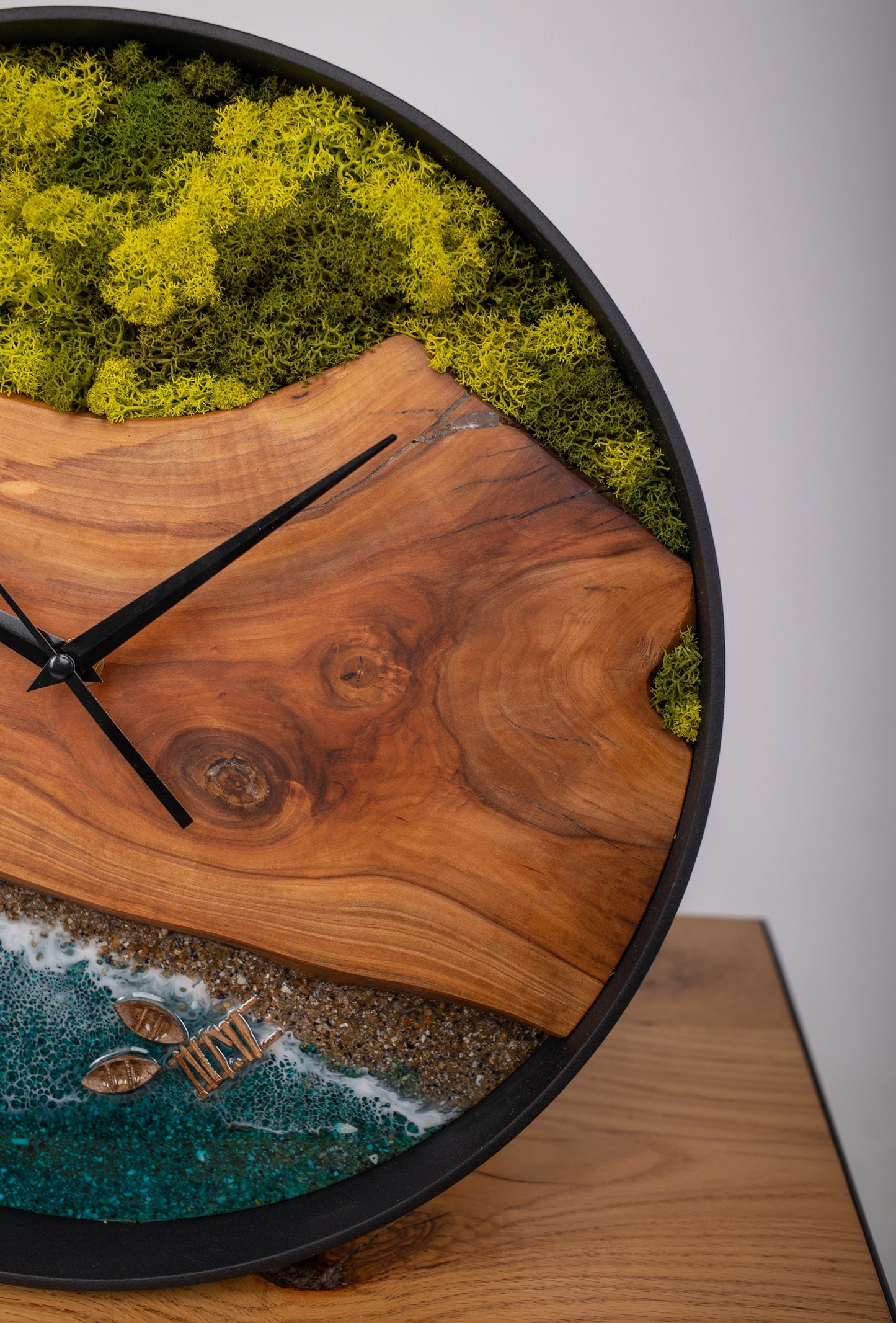 Moss & Epoxy Resin Wooden Wall Clock: Beach Wave Decor