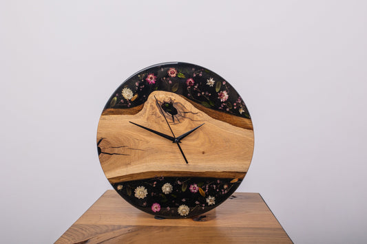 Floral Resin Wall Clock, Black Oak Wood, Unique Home Decor