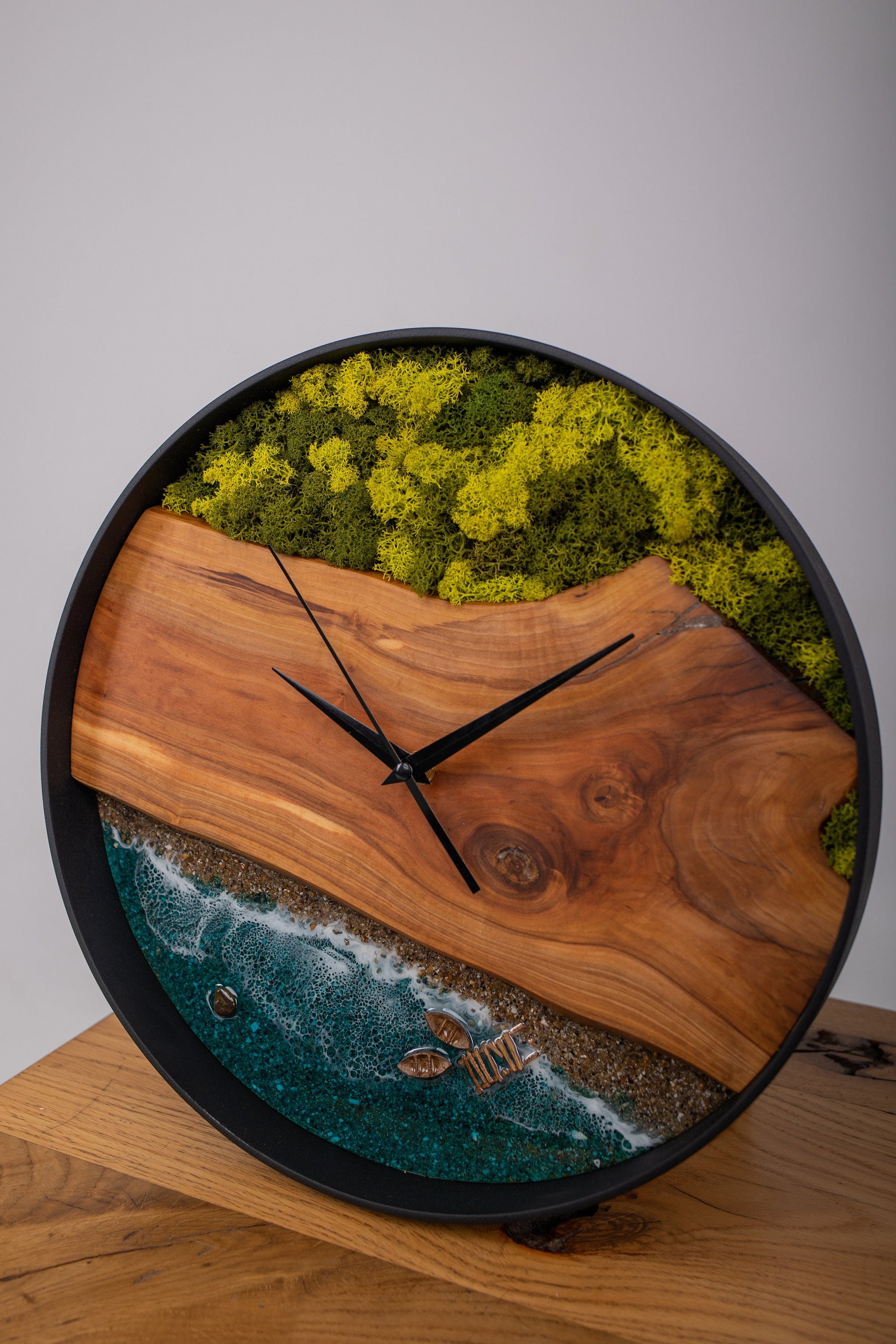 Moss & Epoxy Resin Wooden Wall Clock: Beach Wave Decor