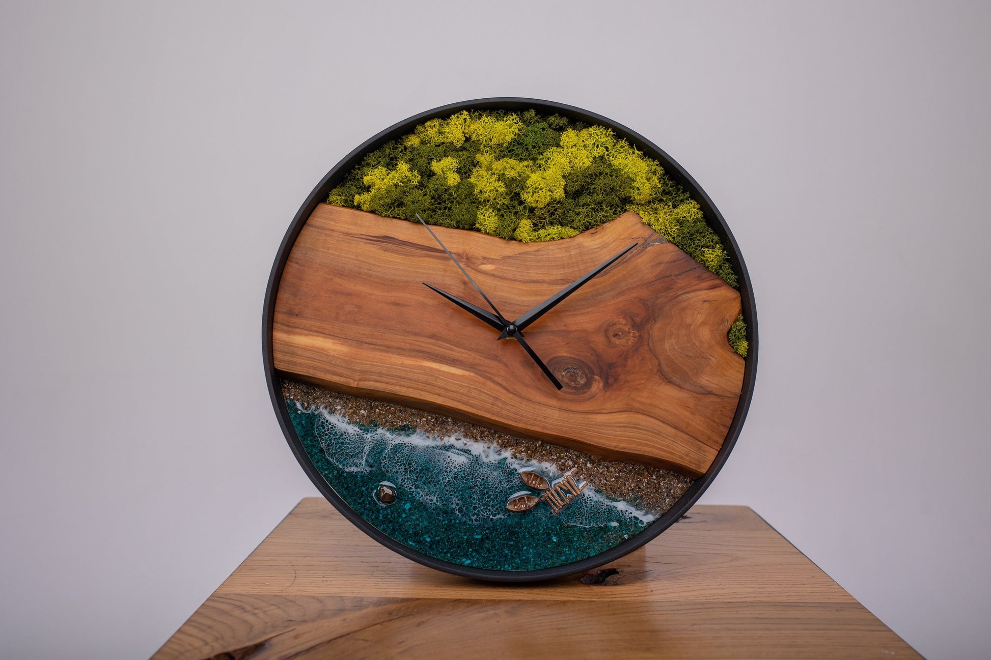Moss & Epoxy Resin Wooden Wall Clock: Beach Wave Decor