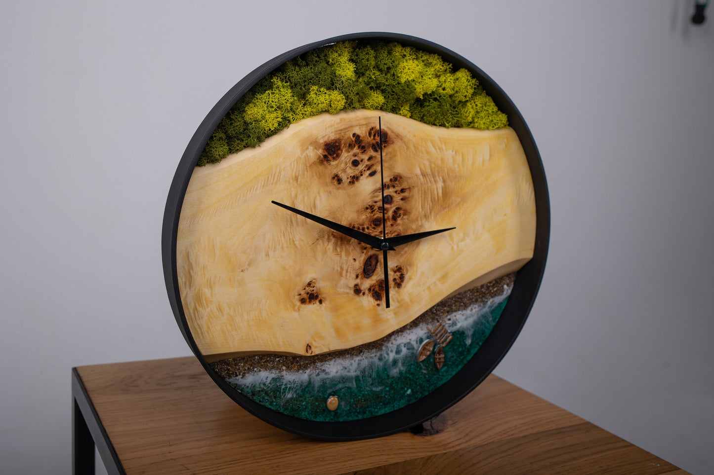 Handmade Wooden Wall Clock: Beach Wave Moss Decor (14")