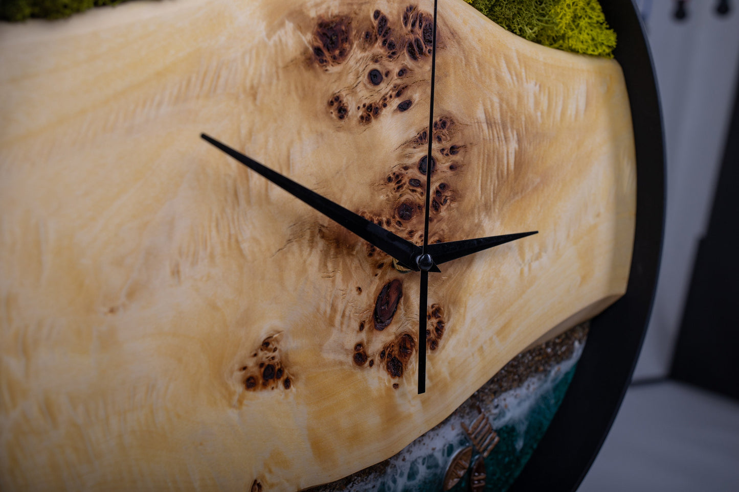 Handmade Wooden Wall Clock: Beach Wave Moss Decor (14")