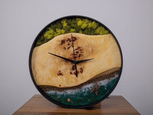 Handmade Wooden Wall Clock: Beach Wave Moss Decor (14")