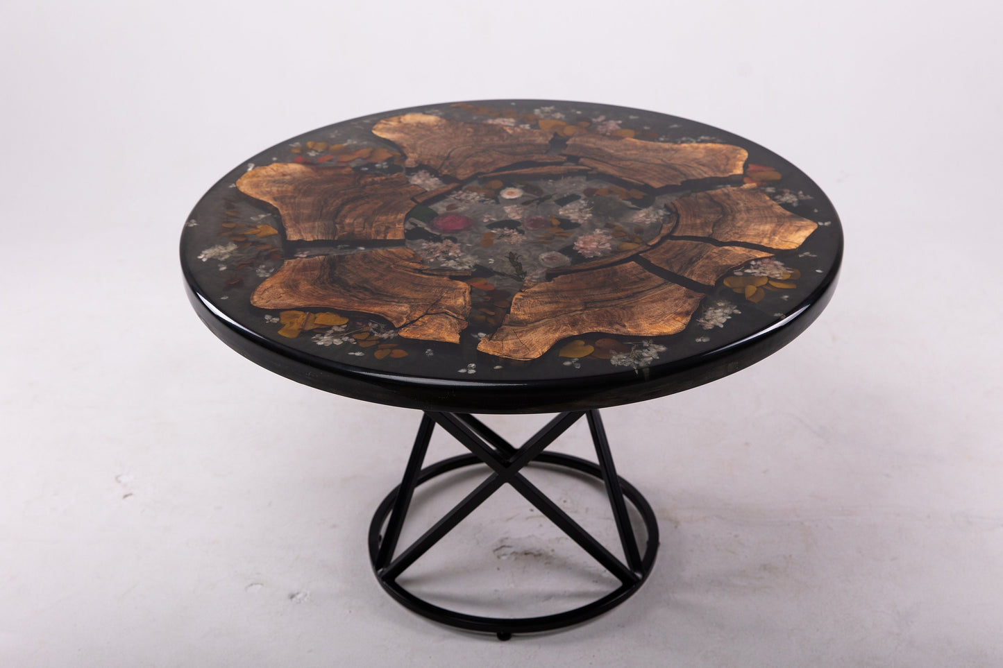 Floral Epoxy Resin Black Walnut Coffee Table with Live Edge for Dining Room