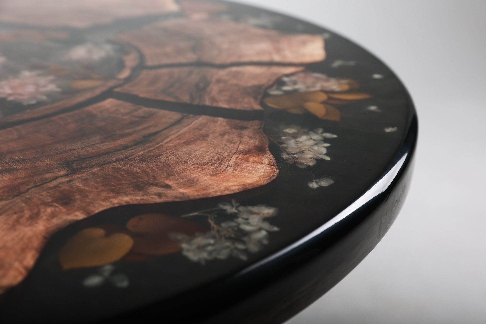 Floral Epoxy Resin Black Walnut Coffee Table with Live Edge for Dining Room