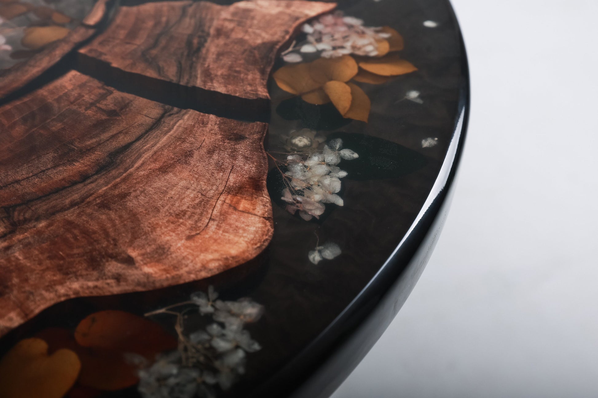 Floral Epoxy Resin Black Walnut Coffee Table with Live Edge for Dining Room