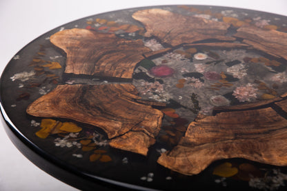 Floral Epoxy Resin Black Walnut Coffee Table with Live Edge for Dining Room