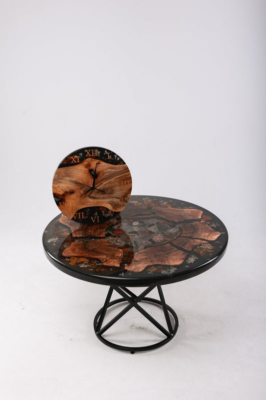 Floral Epoxy Resin Black Walnut Coffee Table with Live Edge for Dining Room
