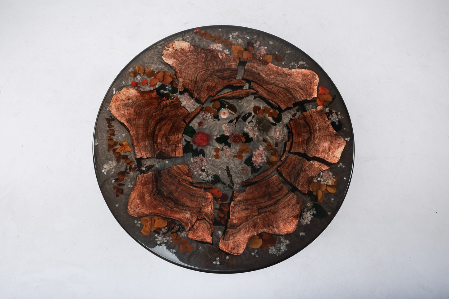 Floral Epoxy Resin Black Walnut Coffee Table with Live Edge for Dining Room
