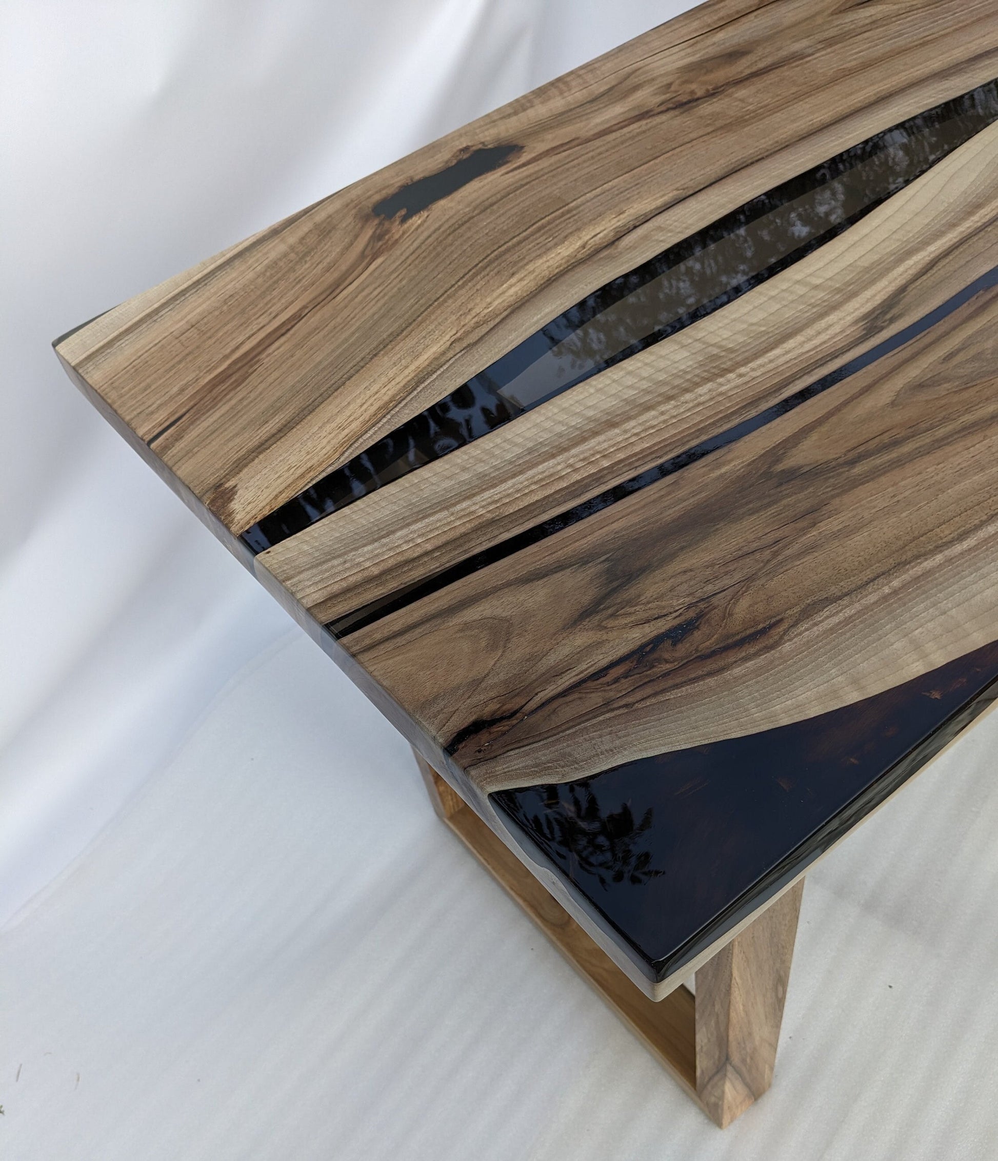 Walnut Wood Epoxy Dining Table: Black Resin River Table
