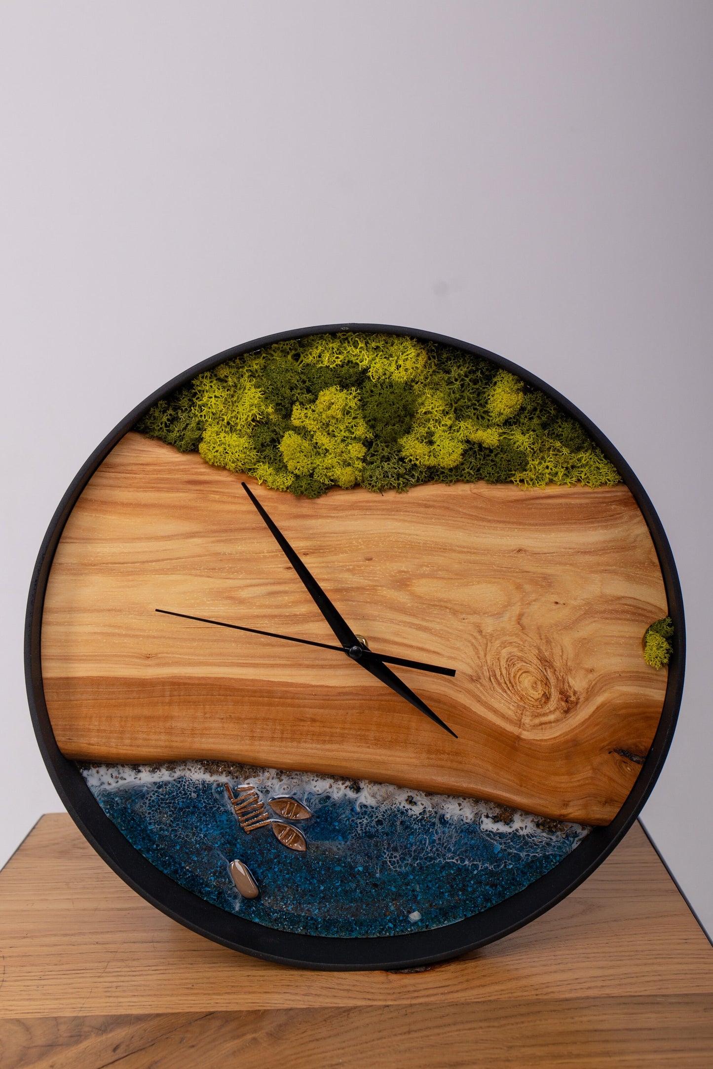 Live Edge Wood Wall Clock: Epoxy Resin & Moss Decor
