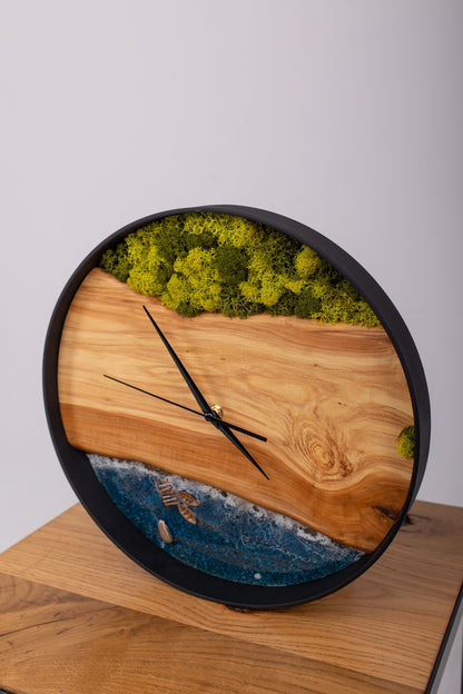 Live Edge Wood Wall Clock: Epoxy Resin & Moss Decor