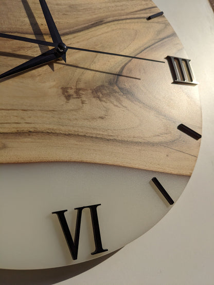Walnut Wood Resin Clock: Silent White Epoxy Wall Decor