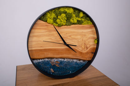Live Edge Wood Wall Clock: Epoxy Resin & Moss Decor