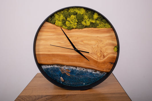 Live Edge Wood Wall Clock: Epoxy Resin & Moss Decor