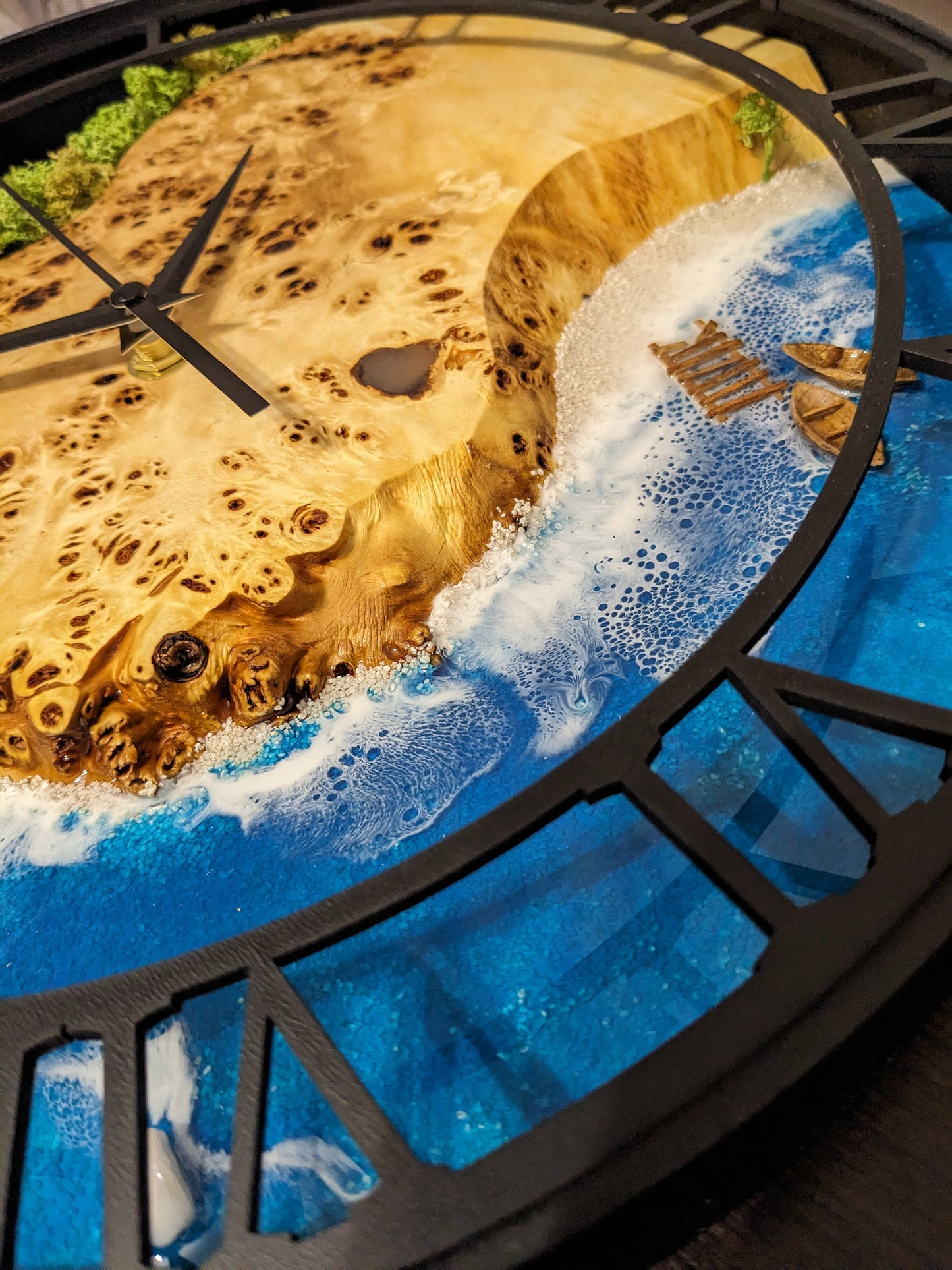 Moss Wood Wall Clock: Epoxy Resin Ocean Art, Metal Edge (14")