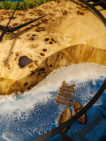 Moss Wood Wall Clock: Epoxy Resin Ocean Art, Metal Edge (14")