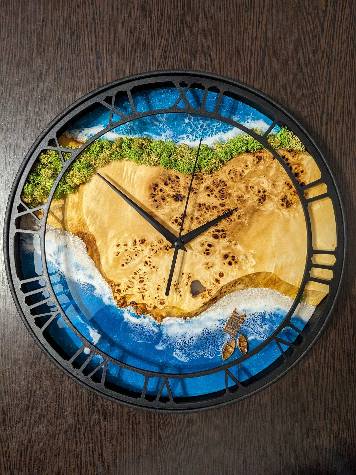 Moss Wood Wall Clock: Epoxy Resin Ocean Art, Metal Edge (14")