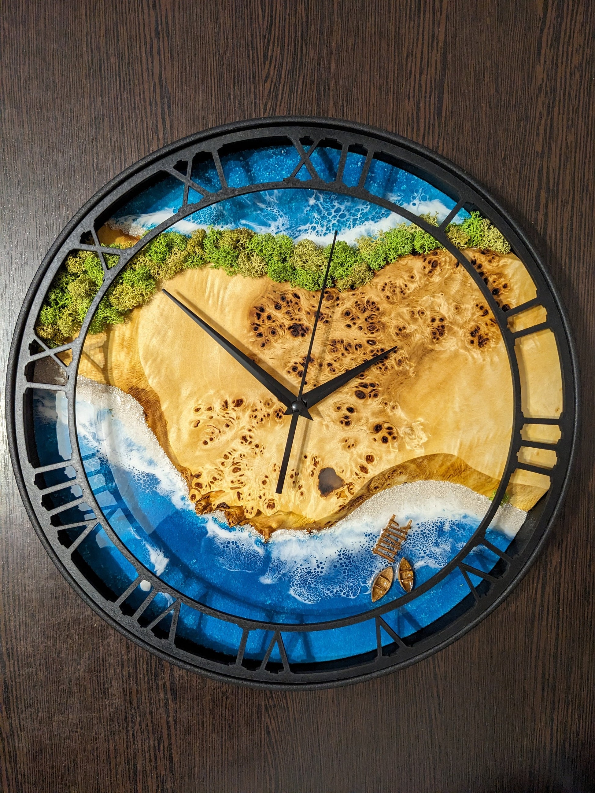 Moss Wood Wall Clock: Epoxy Resin Ocean Art, Metal Edge (14")