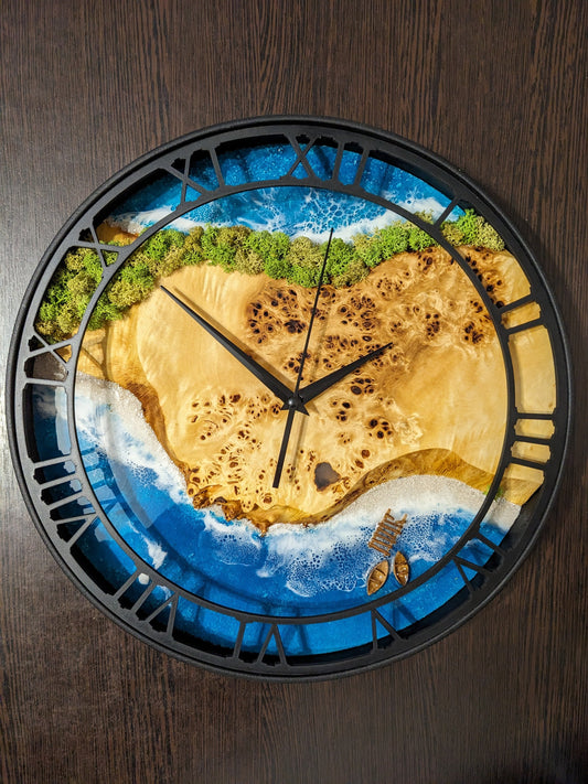 Moss Wood Wall Clock: Epoxy Resin Ocean Art, Metal Edge (14")
