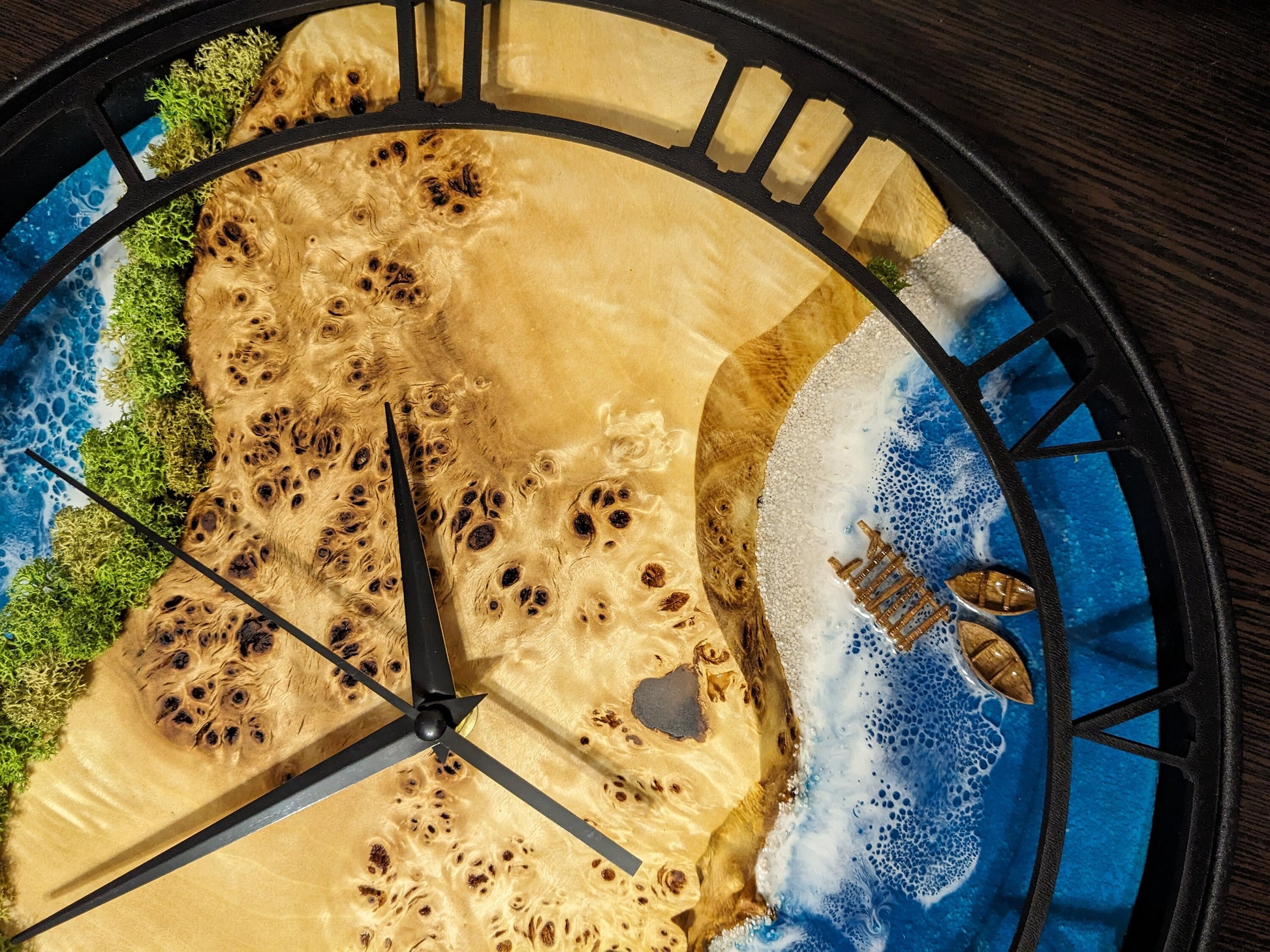 Moss Wood Wall Clock: Epoxy Resin Ocean Art, Metal Edge (14")