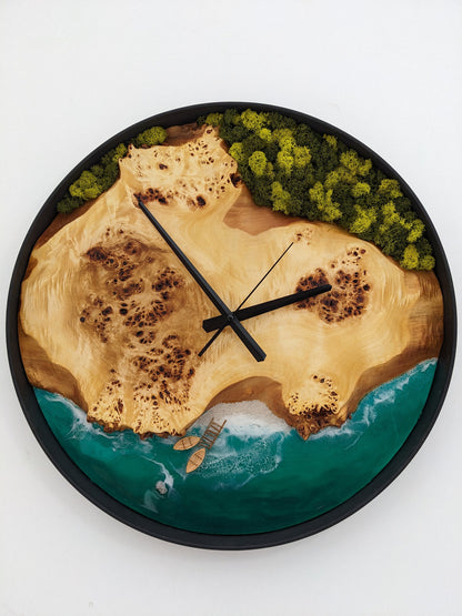 Scandinavian Moss Wall Clock: Resin Wood Art, Handmade Wooden Clock (20'')