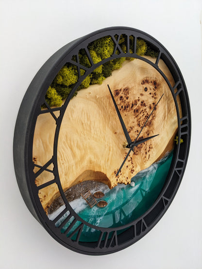 Epoxy Resin Ocean Wall Clock: Wood & Moss Decor (14")
