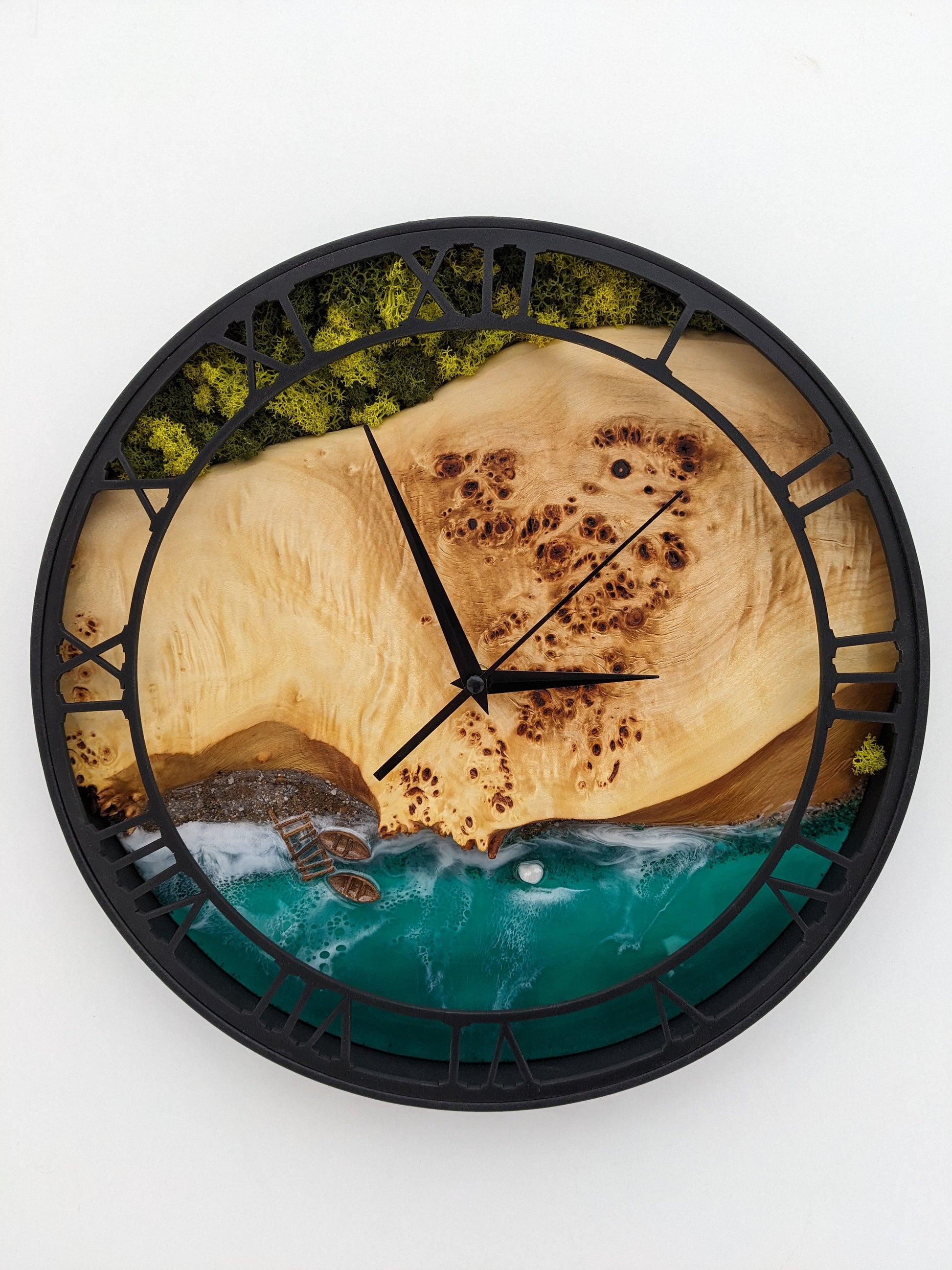 Epoxy Resin Ocean Wall Clock: Wood & Moss Decor (14")