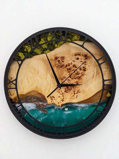 Epoxy Resin Ocean Wall Clock: Wood & Moss Decor (14")