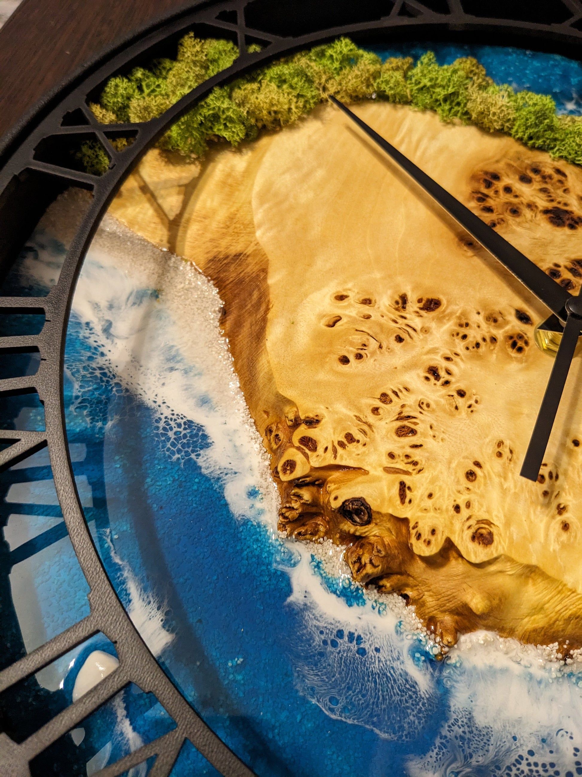 Moss Wood Wall Clock: Epoxy Resin Ocean Art, Metal Edge (14")