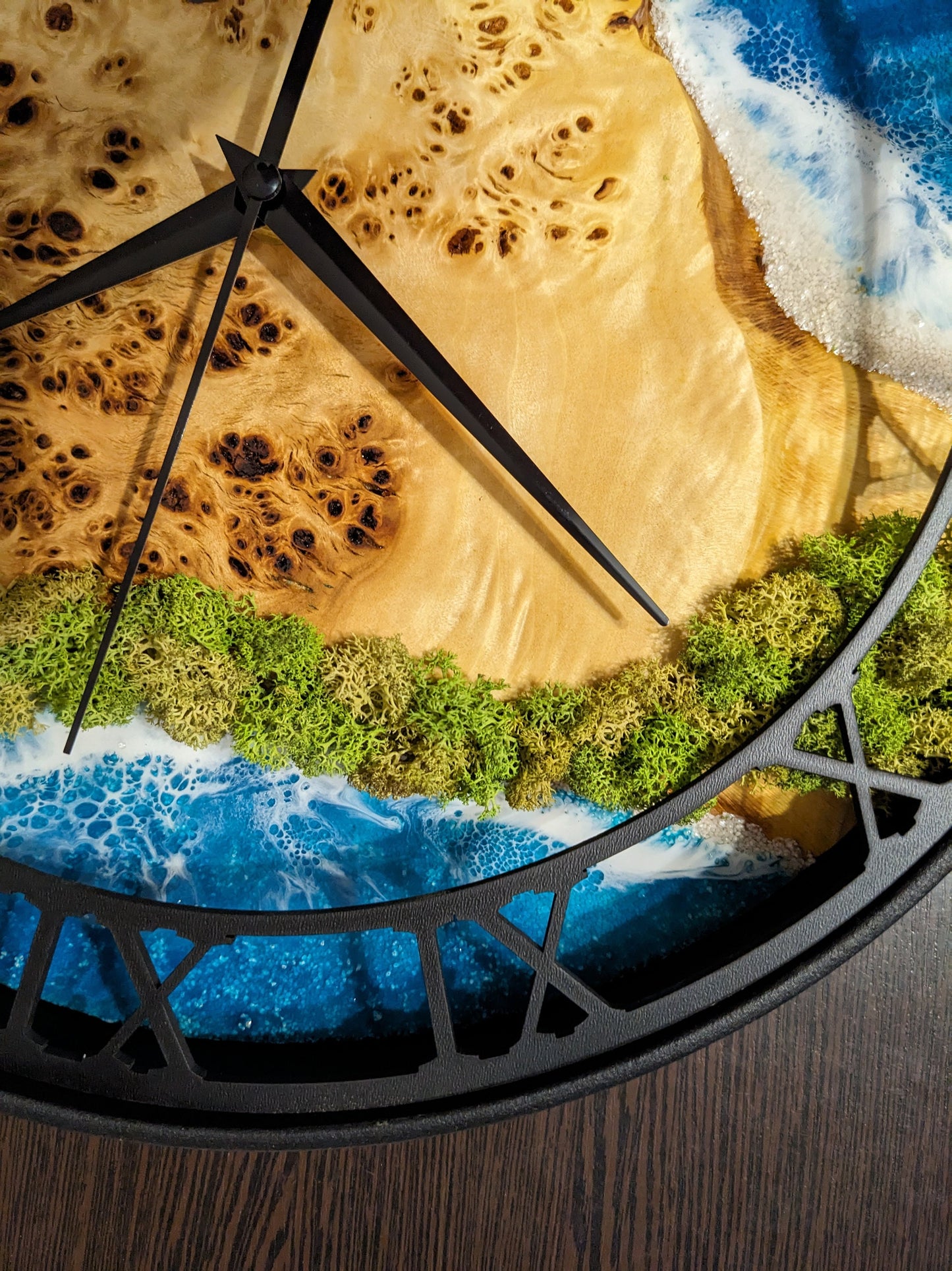 Moss Wood Wall Clock: Epoxy Resin Ocean Art, Metal Edge (14")