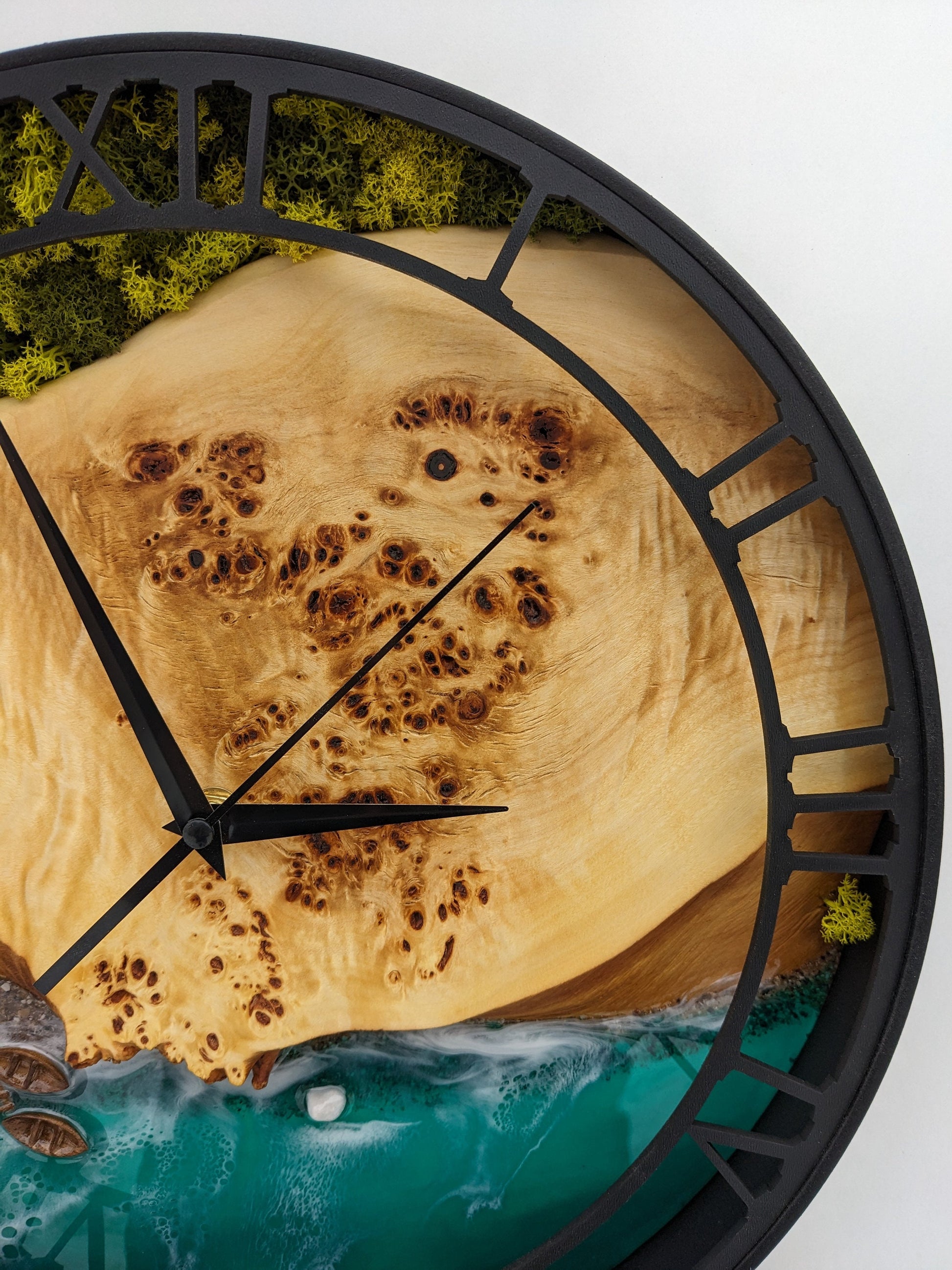 Epoxy Resin Ocean Wall Clock: Wood & Moss Decor (14")