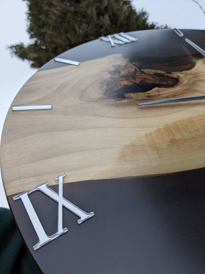 Handmade Walnut Wood Wall Clock with Black Resin & Acrylic Numbers