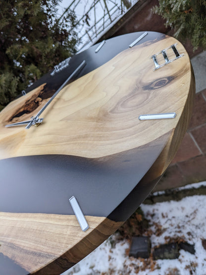 Handmade Walnut Wood Wall Clock with Black Resin & Acrylic Numbers