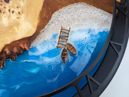 Ocean Resin Wall Clock: Wood, Moss & Beach Scene